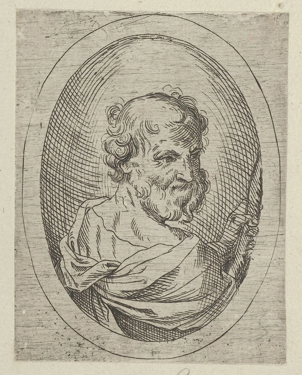 Saint Simon seen from behind, turning to the right and holding a saw, in an oval frame, from "Christ, the Virgin, and Thirteen Apostles" — Anonymous, 17th century|Guido Reni