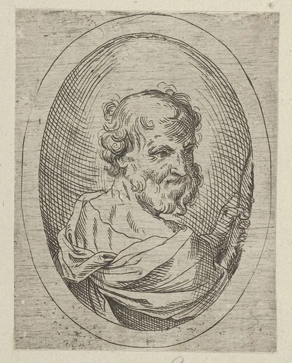 Saint Simon seen from behind, turning to the right and holding a saw, in an oval frame, from "Christ, the Virgin, and Thirteen Apostles"
