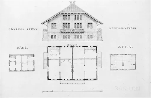 Switz[erland] Cottage (elevation and three plans), and Factory Lodge (elevation and three plans) for Montgomery Place, Annandale-on-Hudson, New York