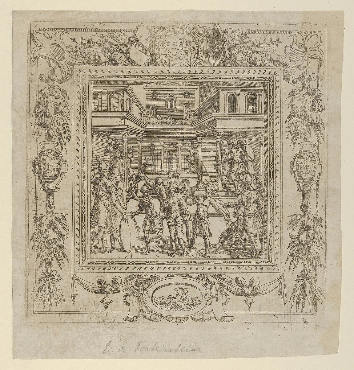 Flagellation of Christ in an ornate Frame — Anonymous, French, School of Fontainebleau, 16th century