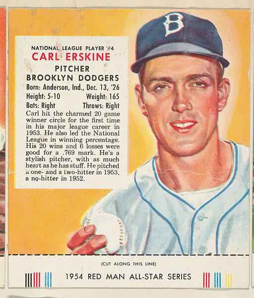 Carl Erskine, from the Major League All Stars series (T234), issued by Red Man Chewing Tobacco — Red Man Chewing Tobacco