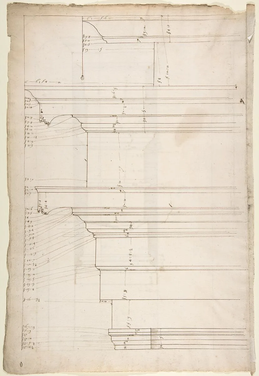San Lorenzo, Library, Ricetto, entablature, elevation profile (recto) San Lorenzo, Library, Ricetto, column, elevation (verso) — Anonymous, French, 16th century