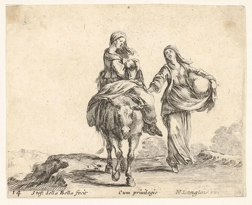 Plate 14: a young peasant woman and her child sitting side saddle atop a horse in center, another peasant woman to right, holding a large bag in her left arm, from 'Diversi capricci'