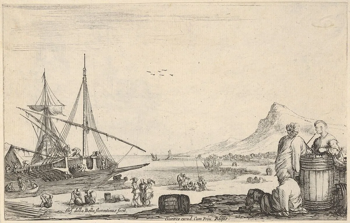 A ship disembarking to left, two galley slaves stand and one sits next to a barrel to right, various other figures on the shore, a mountain to right in the background, from 'Varie figure' — Stefano della Bella|François Langlois