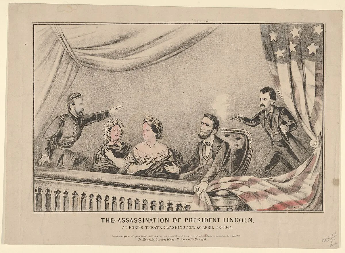 The Assassination of President Lincoln at Ford's Theatre, Washington D.C., April 14th, 1865 — Currier & Ives|Clara Hamilton Harris|Abraham Lincoln|John Wilkes Booth|Mary Todd Lincoln|Henry Reed Rathbone