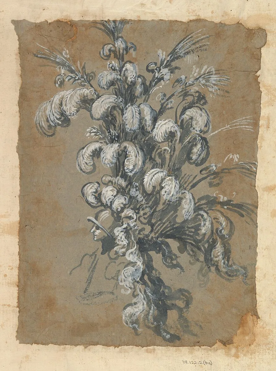 Design for a Lavish Headdress with Feathers on a Helmet — Baccio del Bianco