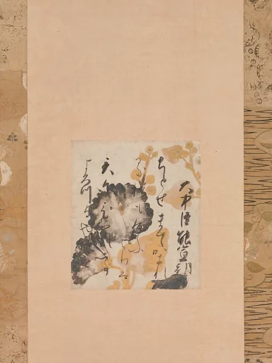 松花堂昭乗書・伝俵屋宗達下絵 和歌色紙 |Poem by Onakatomi Yoshinobu with Underpainting of Hollyhocks