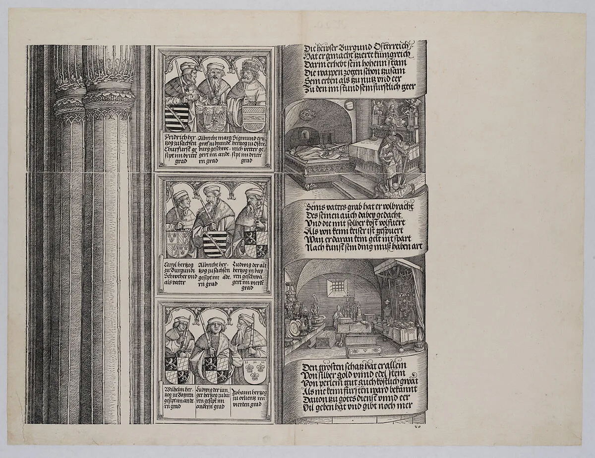 The Tomb Erected by Maximilian for His Father; and The Imperial Treasure; with Portraits of Maximilian's Ancestors and Relatives, from the Arch of Honor, proof, dated 1515, printed 1517-18 — Albrecht Altdorfer|Hieronymus Andreae|Albrecht Dürer|Hans Springinklee