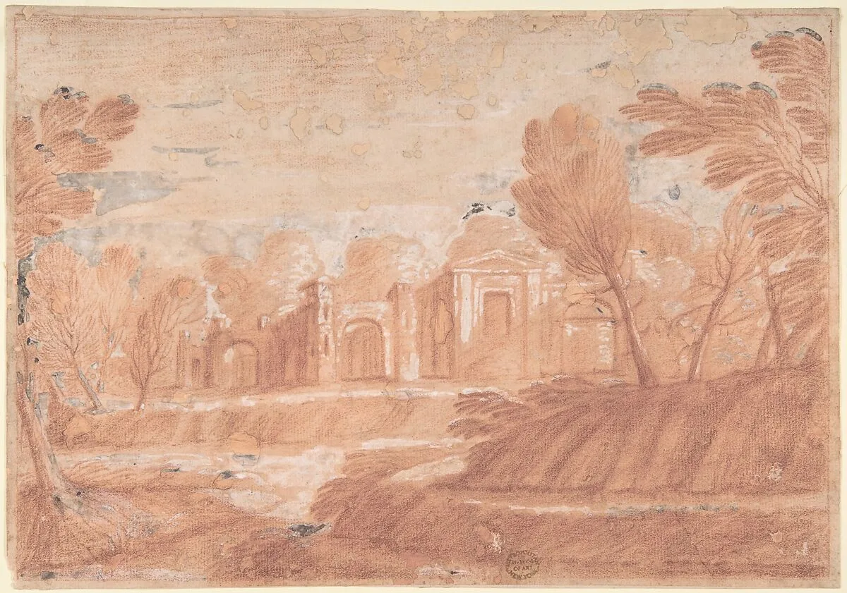 Landscape with Architectural Structure — Anonymous, Italian, Roman-Bolognese, 17th century