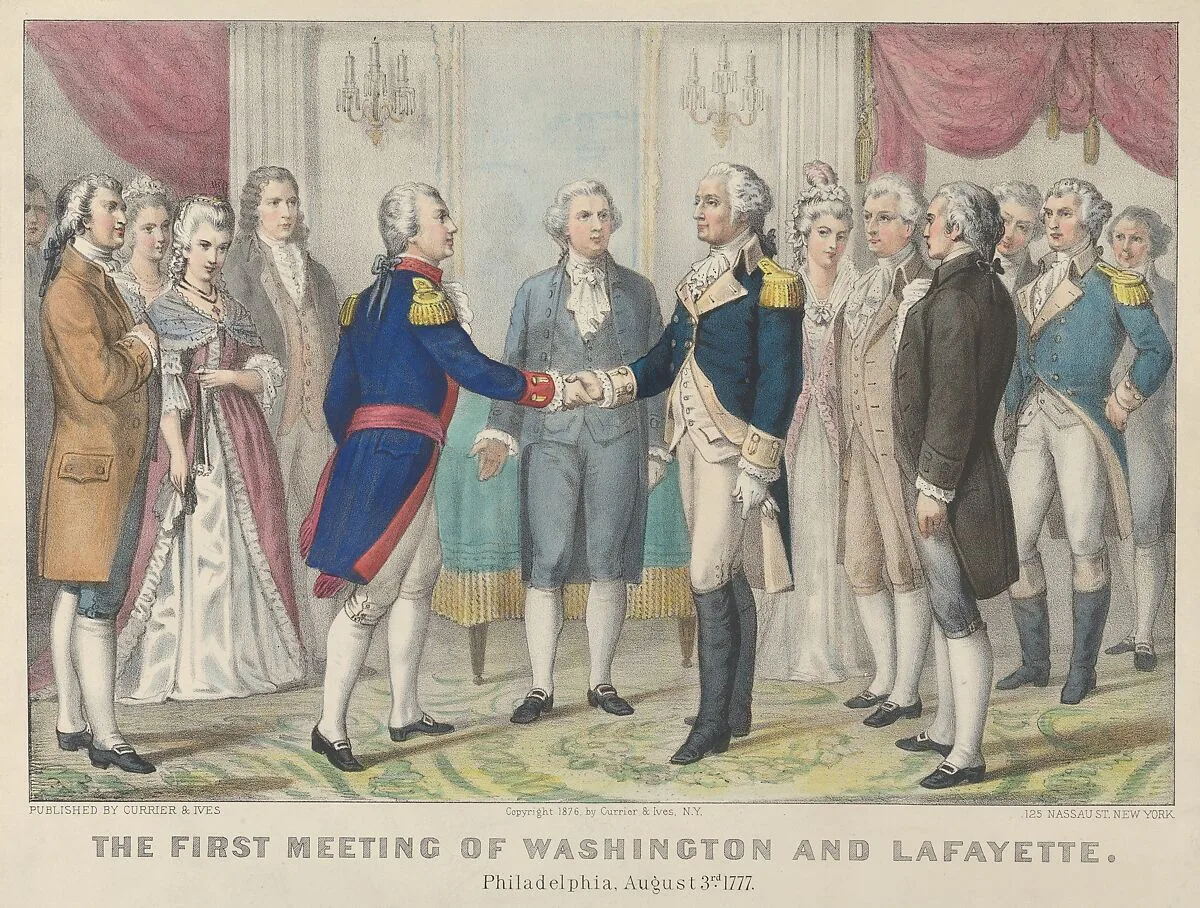 The First Meeting of Washington and Lafayette—Philadelphia, August 3rd, 1777 — Currier & Ives|George Washington|Marquis de Lafayette