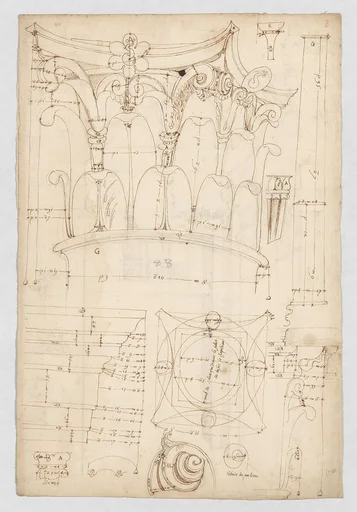 Pantheon, portico, Corinthian column capital, projection, plan, and details; column shaft, profile; beam architrave, elevation (recto) Pantheon, cella, perspective, details; vault, details; portal, interior, cornice, profile (verso)