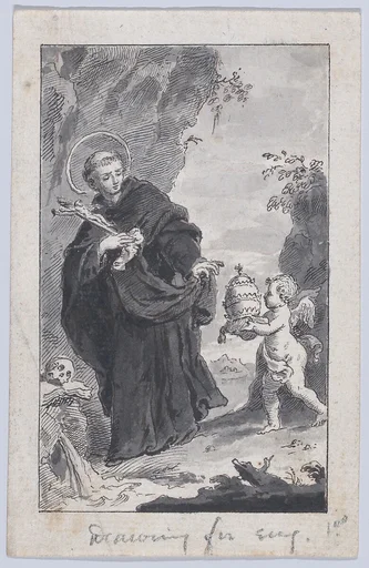A saint holding a crucifix, an angel at right approaching with a papal tiara