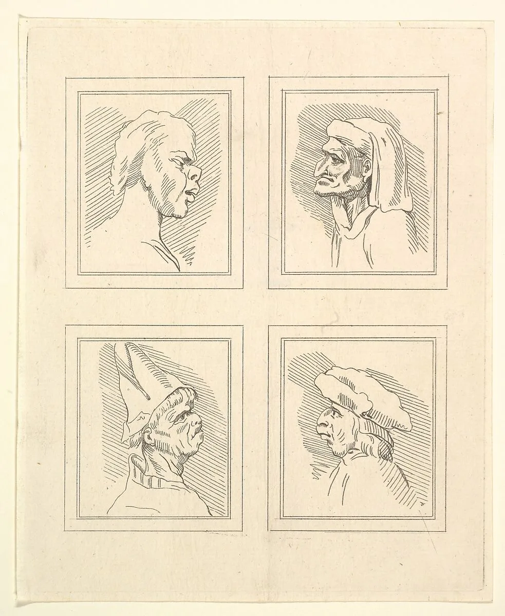 Four Heads (from Characaturas by Leonardo da Vinci, from Drawings by Wincelslaus Hollar, out of the Portland Museum) — John Clarke|Wenceslaus Hollar|Leonardo da Vinci