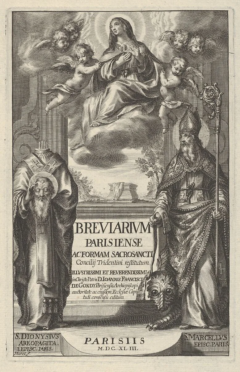 Frontispiece from "Breviarium Parisiense Ac Forman Sacro Sancti Concilij Tridentini restitutum Illvstrissimi et Reverendissimi in Christo Partis D. Joannes Francisci de Gondy...auctoritate... — Grégoire Huret