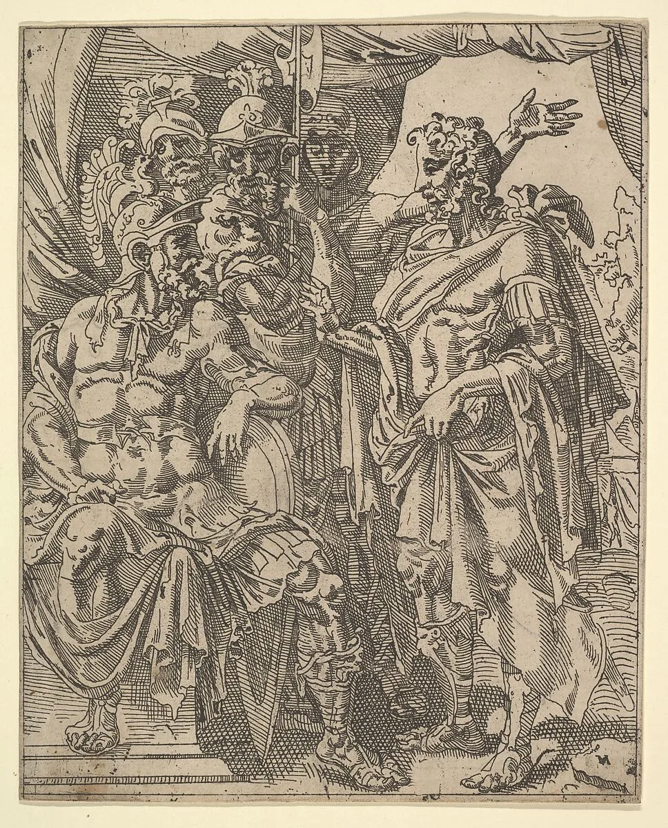 Achior Pleading with Holofernes for the Israelites, from The Story of Judith and Holofernes — Maarten van Heemskerck|Dirck Volckertsz Coornhert