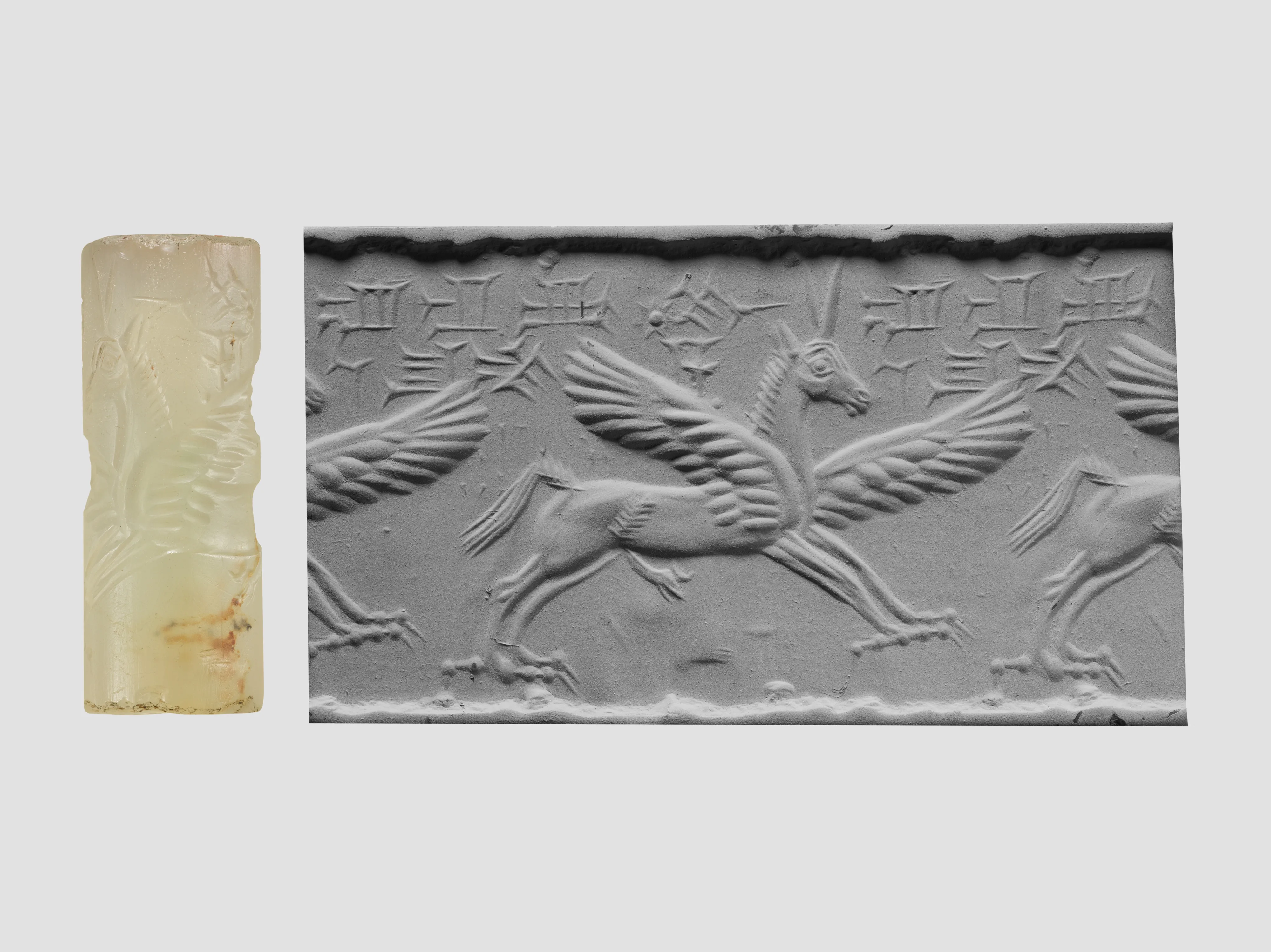 Cylinder seal and modern impression: winged horse with claws and horns — Unknown
