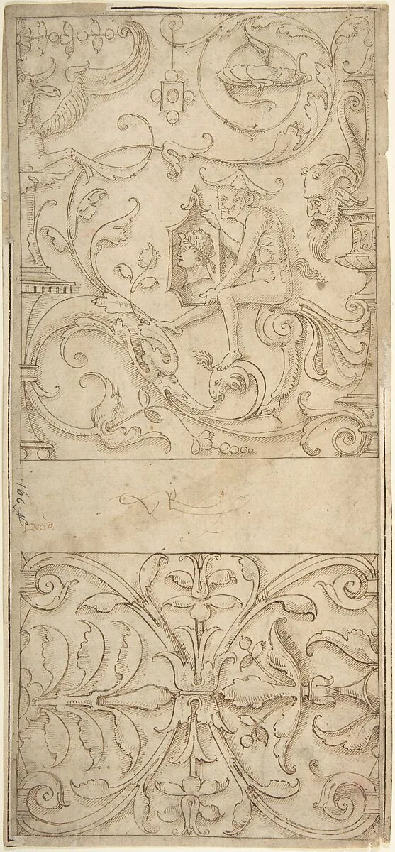 Antique-Style Ornamental Frieze Design: Grotteschi with Figures, Cornucopiae, and Shields. — Anonymous, Italian, 16th century