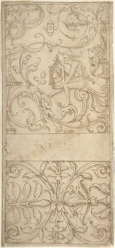 Antique-Style Ornamental Frieze Design: Grotteschi with Figures, Cornucopiae, and Shields.