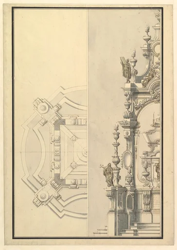 Half Ground Plan and Half Elevation for a Catafalque with Royal Crown Surmounting Casket