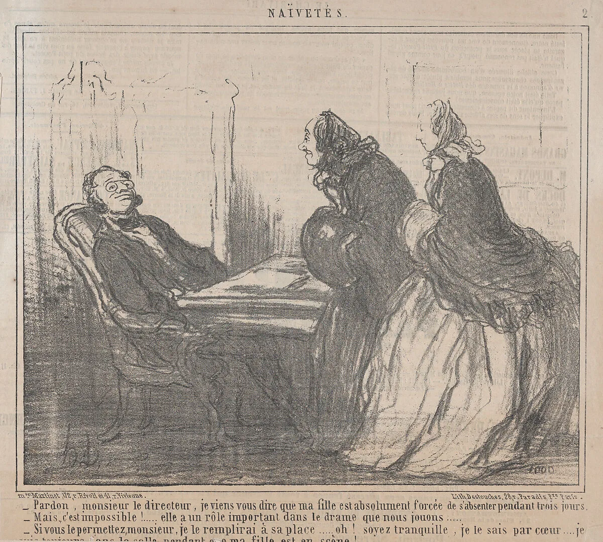 Pardon, monsieur le directeur..., from Naïvetés, published in Le Charivari, March 21, 1859 — Honoré Daumier|Destouches|Aaron Martinet
