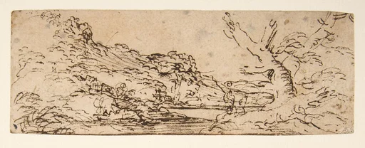 Landscape with hills and a lake, trees in right foreground.
