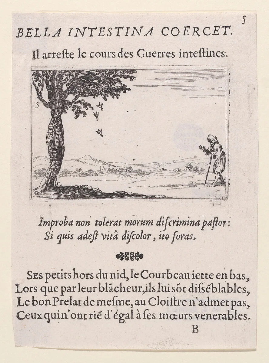 Le Corbeau et ses Petits (The Raven and its Young), from Lux Claustri ou La Lumière du Cloitre (The Light of the Cloisters), plate 5 — Jacques Callot|François Langlois