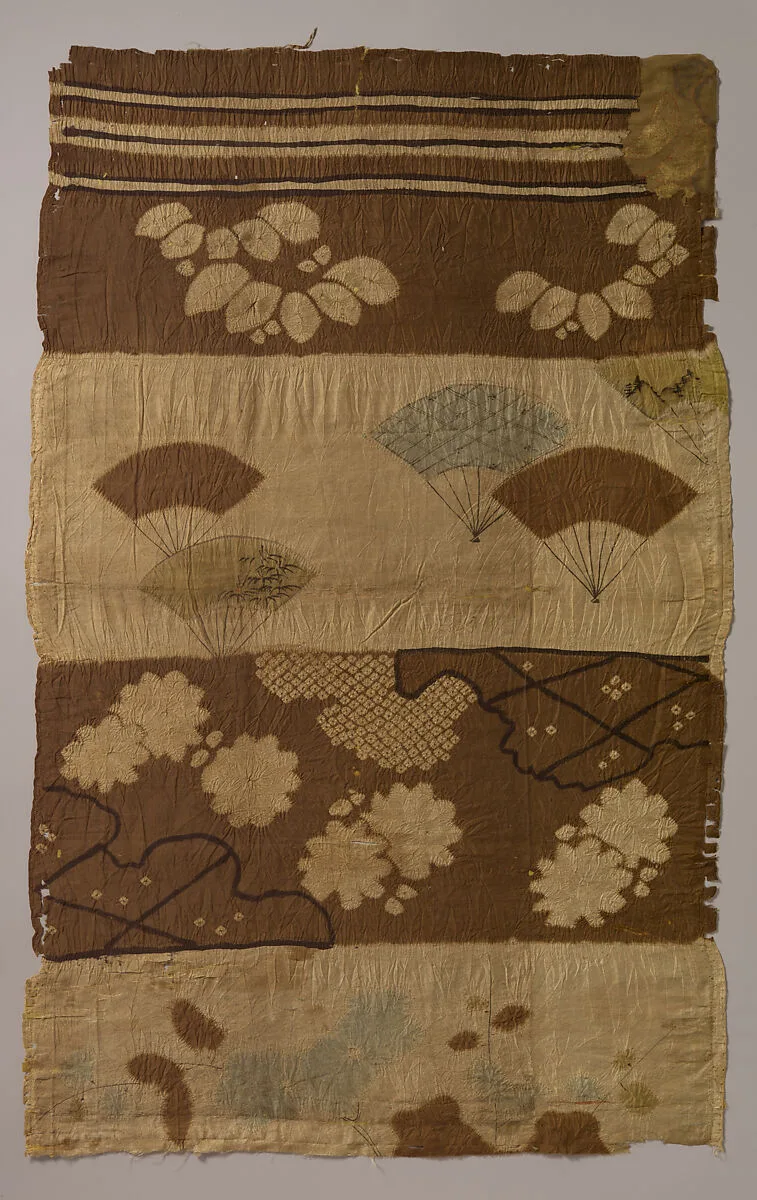縞平絹地草花扇面雪輪雲模様辻が花 裂|Tsujigahana Textile with Horizontal Stripes, Flowering Plants, Fans, Snowflakes, Clouds, and Bellflowers — Unknown