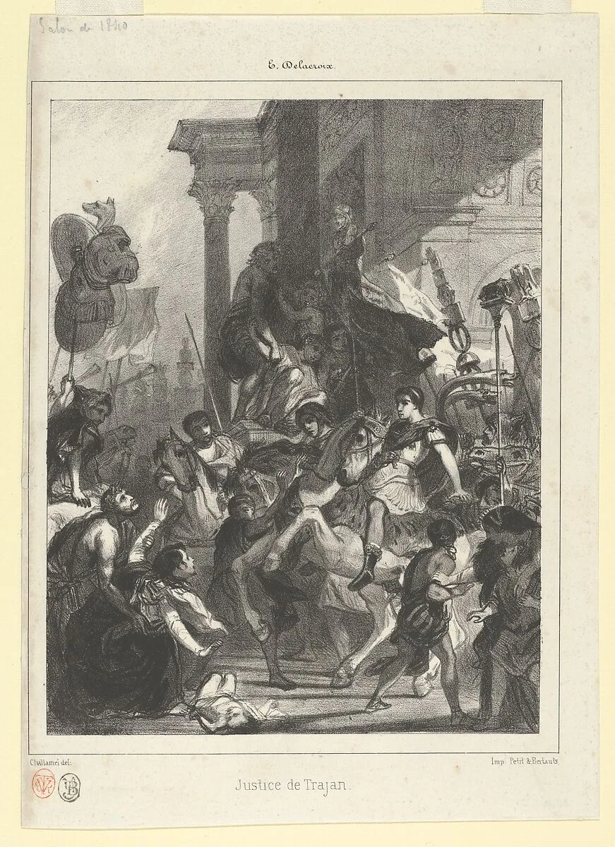 The Justice of Trajan, plate for l'Album des Salons — Jules-Robert-Pierre-Joseph Challamel|Eugène Delacroix