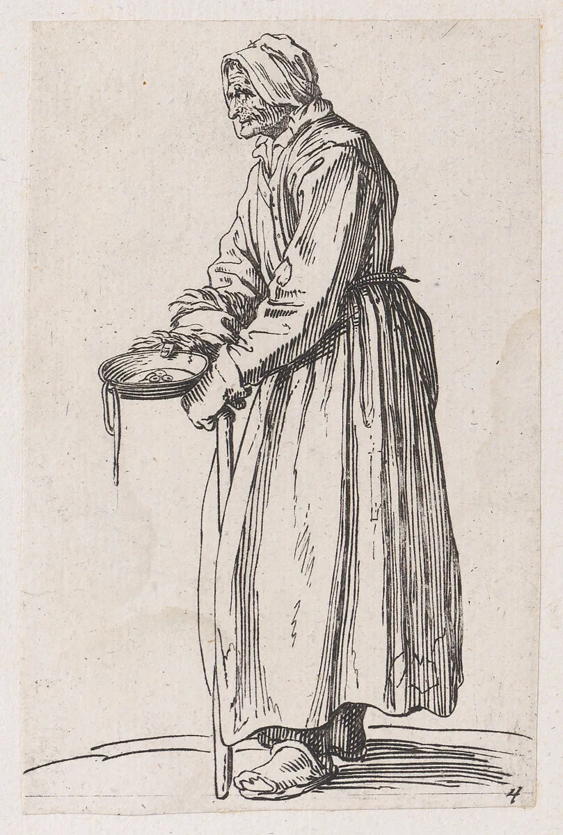 Reverse Copy of La Mendiante a La Sébille (The Female Beggar with The Begging Bowl), from Les Gueux suite appelée aussi Les Mendiants, Les Baroni, ou Les Barons (The Beggars, also called the Barons) — Jacques Callot|Anonymous