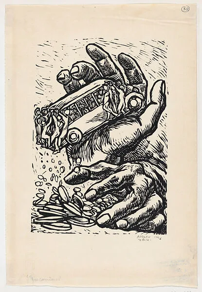 'Los Camiones', a giant pair of hands about to crush a bus full of people — Alfredo Zalce