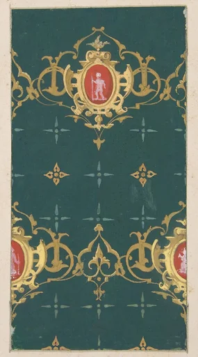 Design for wallpaper featuring rinceaux and carouches framing figures
