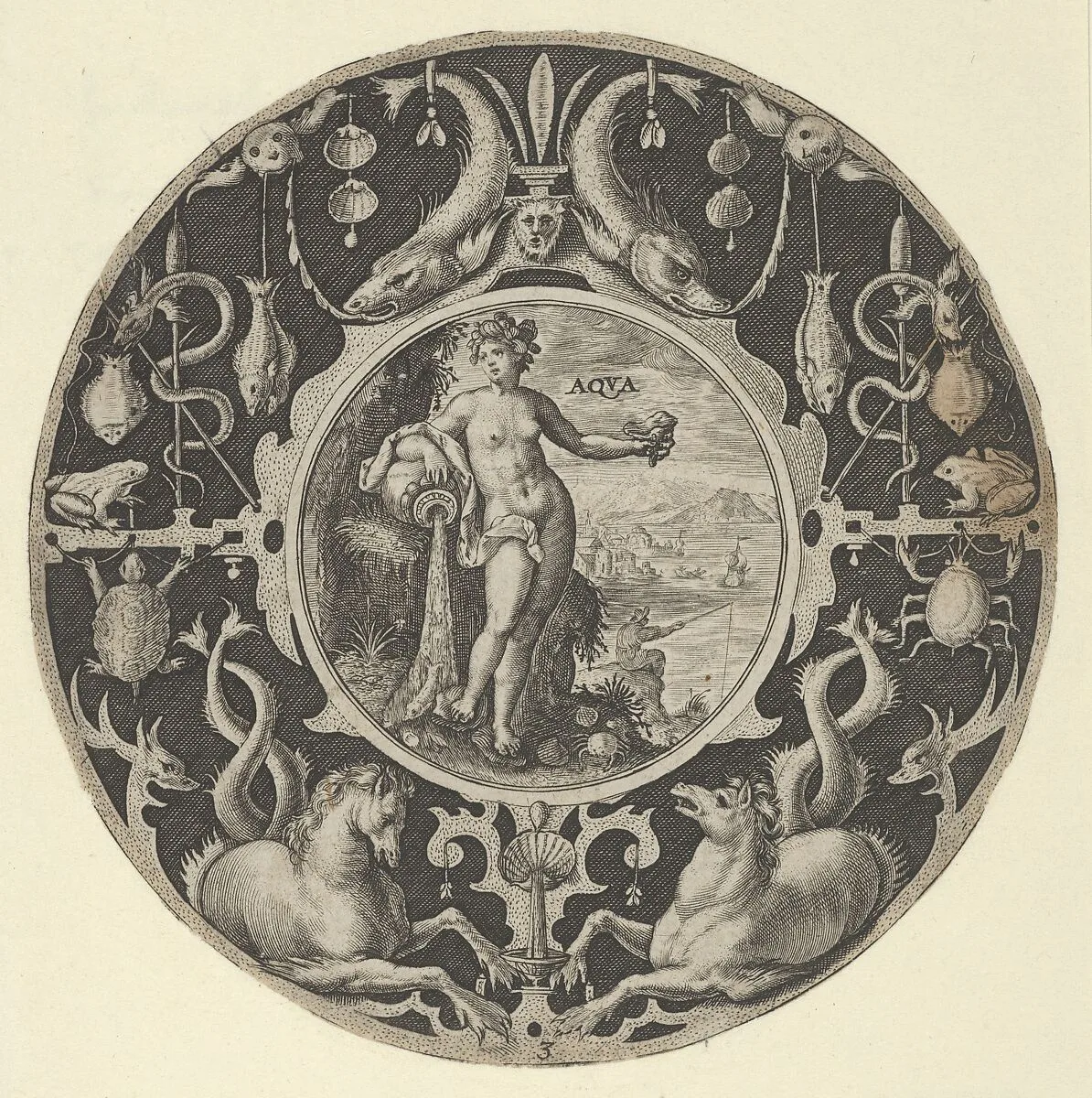 'Aqua' in a Decorative Border with Sea Creatures, from a Series of Circular Designs with the Four Elements — Crispijn de Passe the Elder