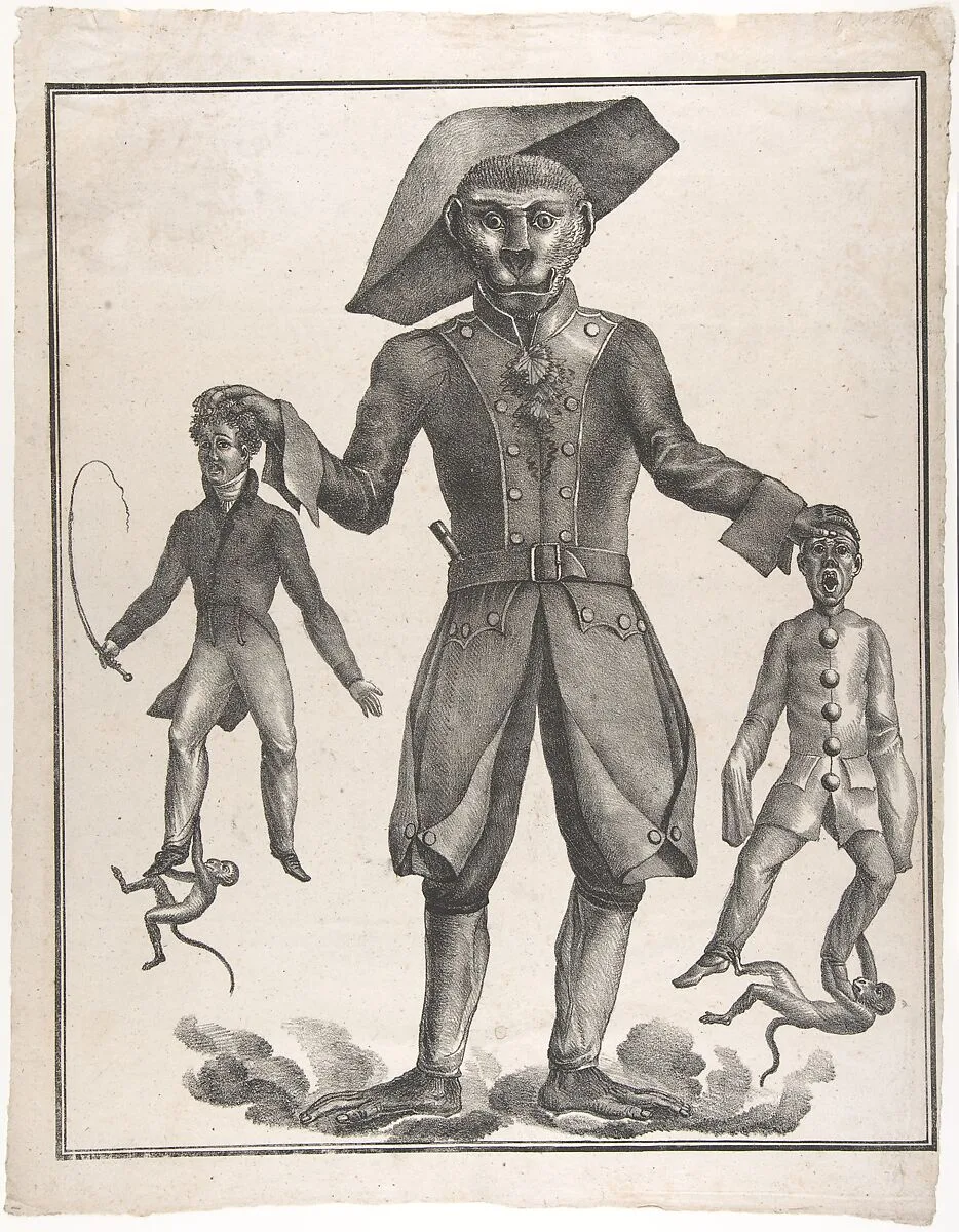 A Giant Monkey in Uniform Holding up Pierrot and a Man with a Whip — Anonymous, French, Austrian or German, second decade19th century