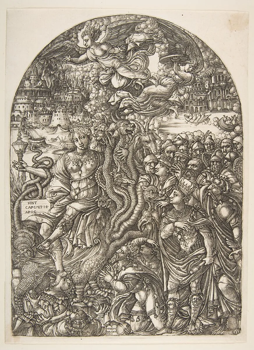 The Babylon Harlot seated on the Seven-Headed Beast, from the Apocalypse — Jean Duvet