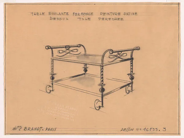Presentation Drawing for a Wrought-Iron Bar Cart (No.16533.3) — Edgar Brandt