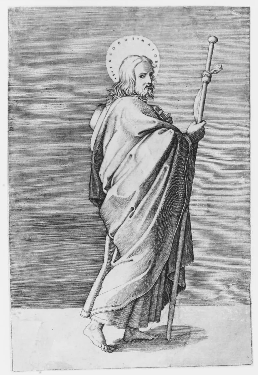 Saint James the Major turned towards right, holding staff — Marcantonio Raimondi|Raphael (Raffaello Sanzio or Santi)