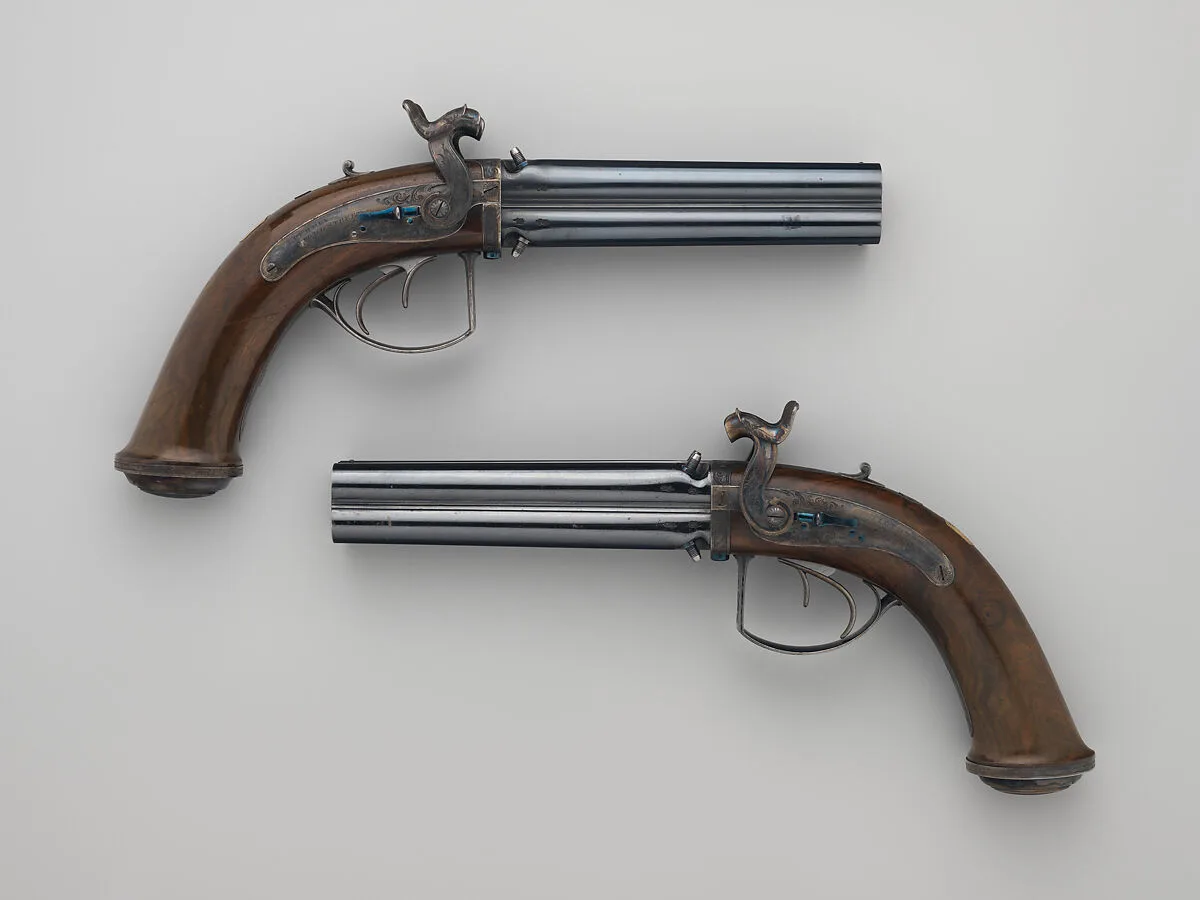Pair of Four-Barreled Turnover Percussion Pistols of Henry Pelham Fiennes Pelham-Clinton, 4th Duke of Newcastle-under-Lyne (1785–1851), with Pair of Box-Lock Turn-Off Pocket Pistols, Case, and Accessories — Henry Atkin|James Purdey the Elder|Abbe Robins|Peter Gumbrell
