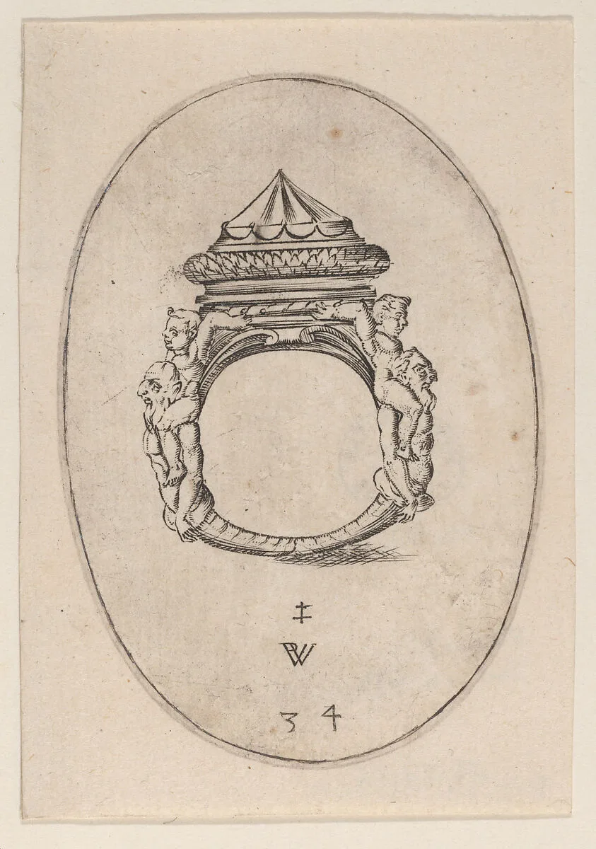 Design for a Ring with a Large Faceted Gemstone, Plate 34 from 'Livre d'Aneaux d'Orfevrerie' — Pierre Woeiriot de Bouzey II
