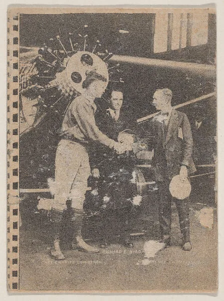 Charles Lindbergh, Commander Richard Byrd, and Clarence Chamberlin with the Spirit of St. Louis from Film Frame strip cards (W500) — Unknown