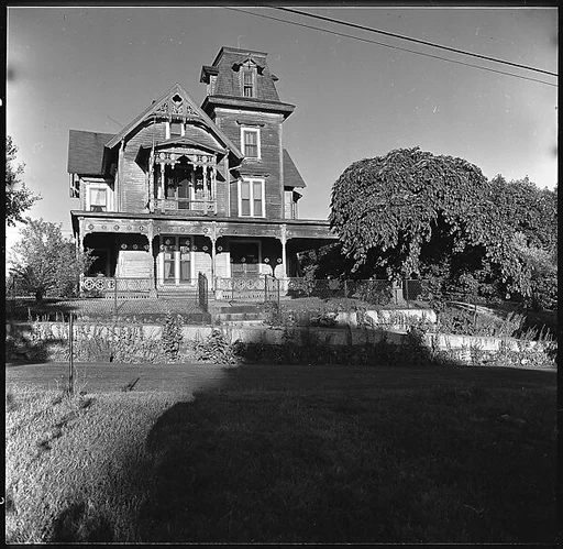 [9 Exterior Views of Victorian House with Photographer's Shadow in Foreground]