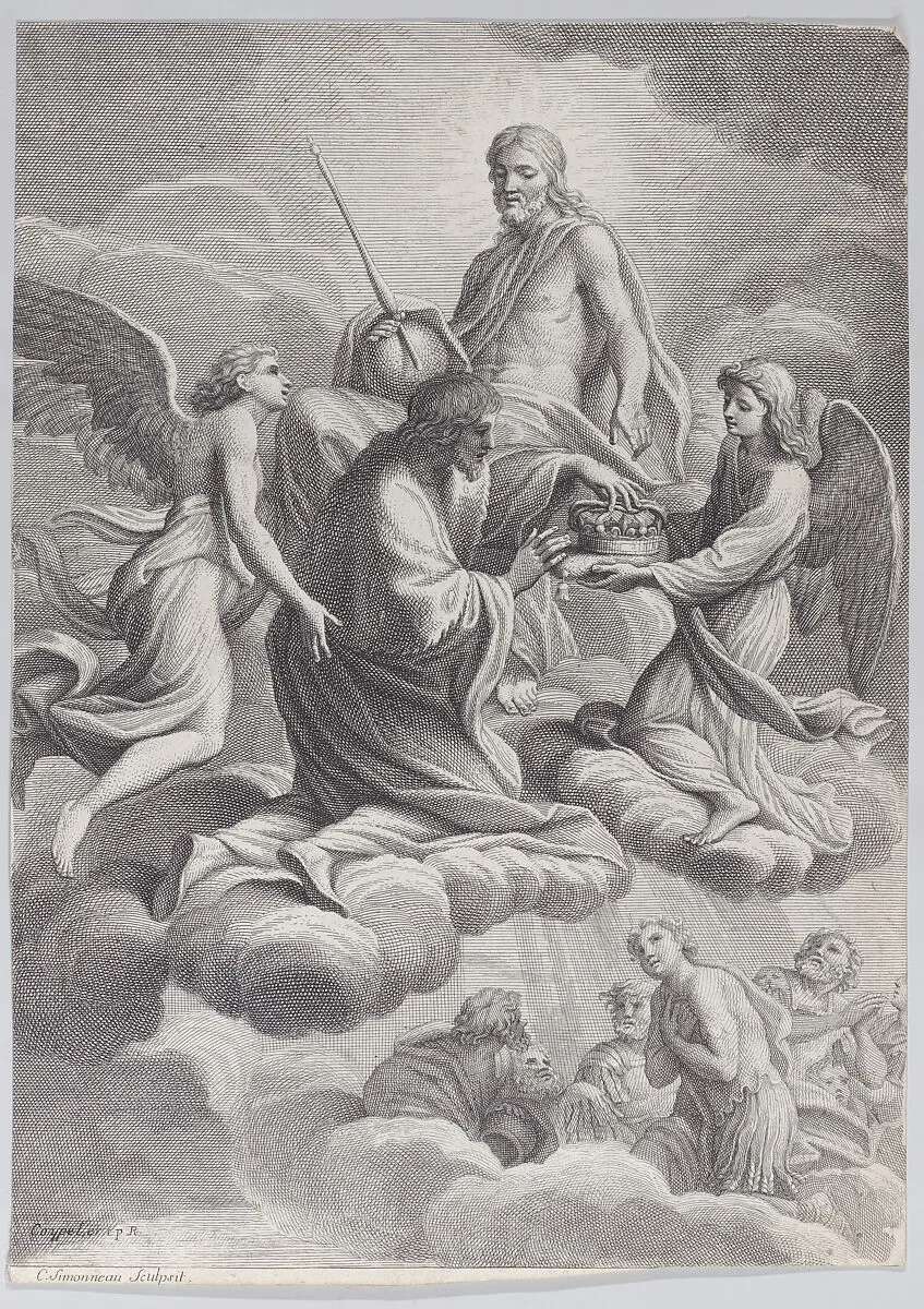 Saint Louis of France received into heaven by Christ and two angels who offer him the crown of France — Noël Coypel|Charles Simonneau|Andrea Sacchi