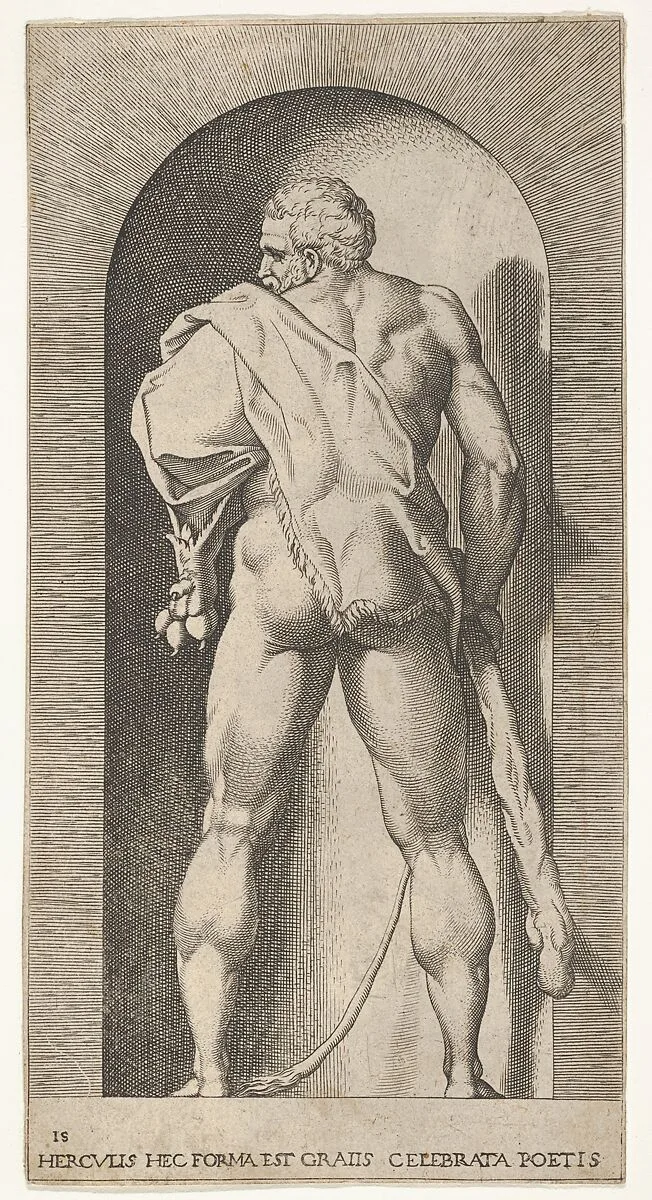 Plate 15: Hercules standing in a niche, wearing a lion skin and holding a club, viewed from behind, with his head turned to the left, from a series of mythological gods and goddesses — Giovanni Jacopo Caraglio|Rosso Fiorentino