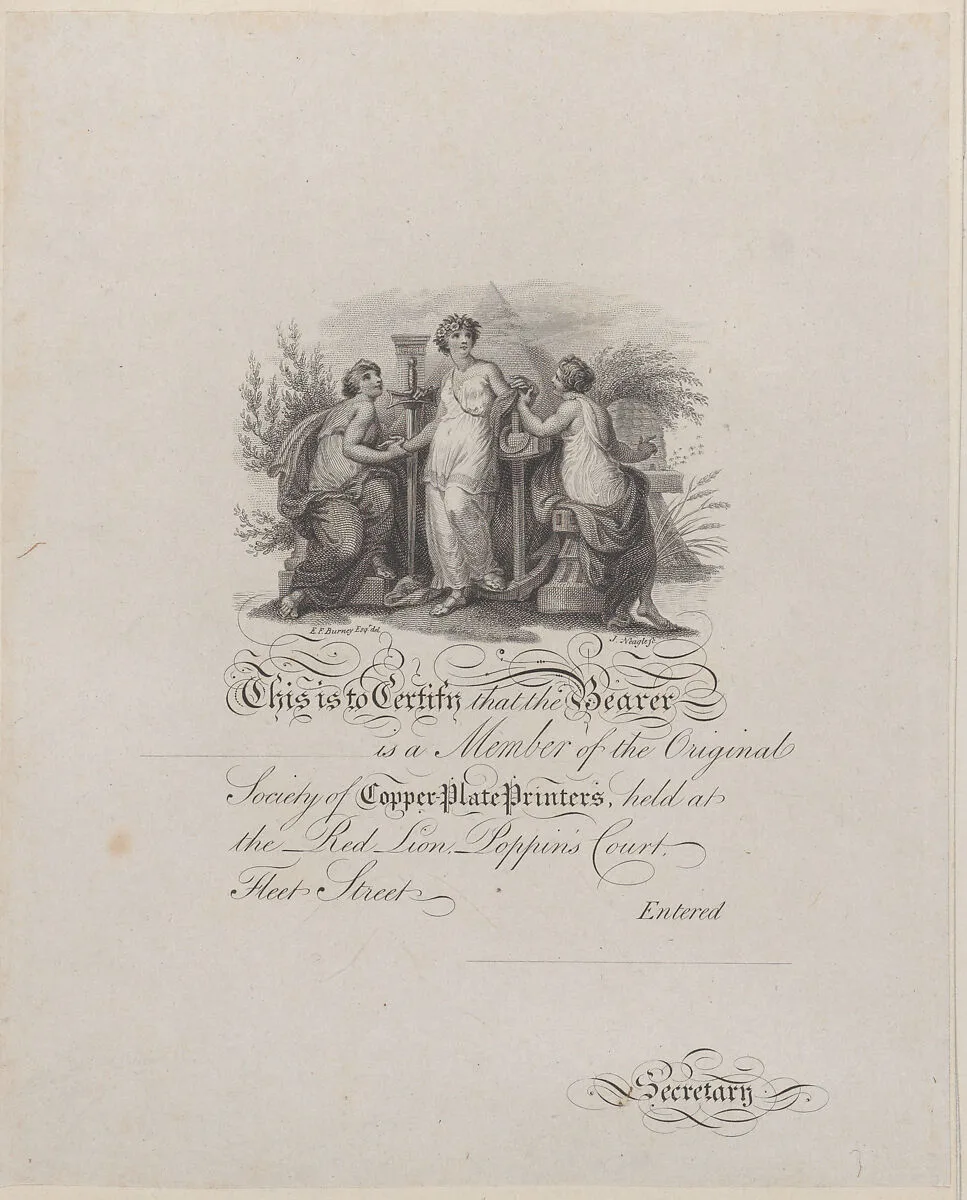 Certificate of Membership of the Society of Copper-Plate Printers — Edward Francis Burney|James Neagle