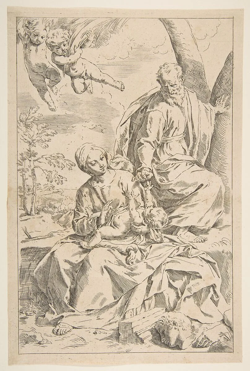 Rest on the flight into Egypt, Mary holding the infant Christ while St. Joseph hands him a fruit — Simone Cantarini