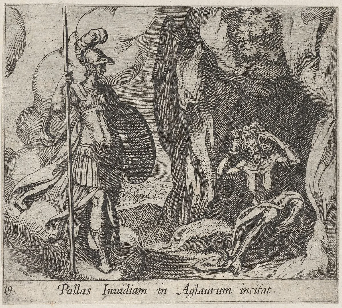 Plate 19: Minerva at Envy's Cave (Pallas Invidiam in Aglaurum incitat), from Ovid's 'Metamorphoses' — Antonio Tempesta