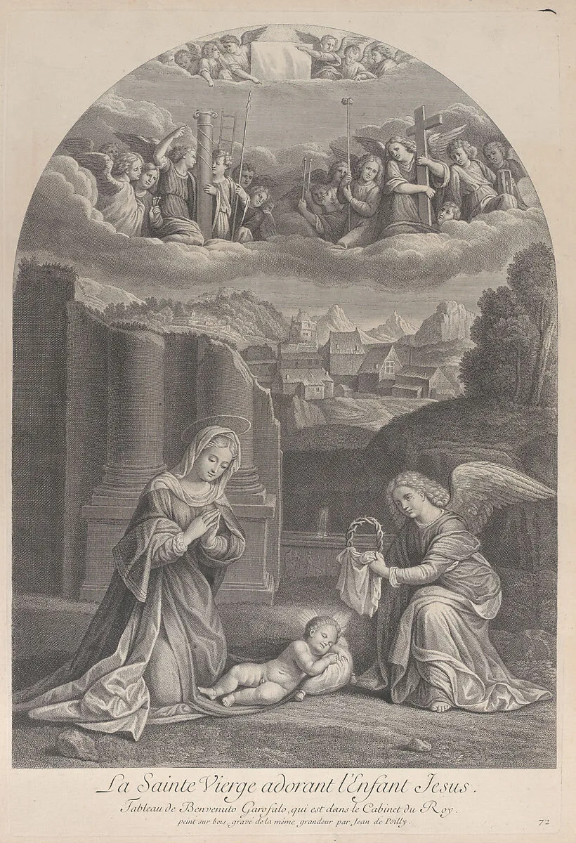 The Virgin Mary adoring the Christ child, an angel holding a crown of thorns at right — Frédéric Horthemels|Garofalo (Benvenuto Tisi da Garofalo)