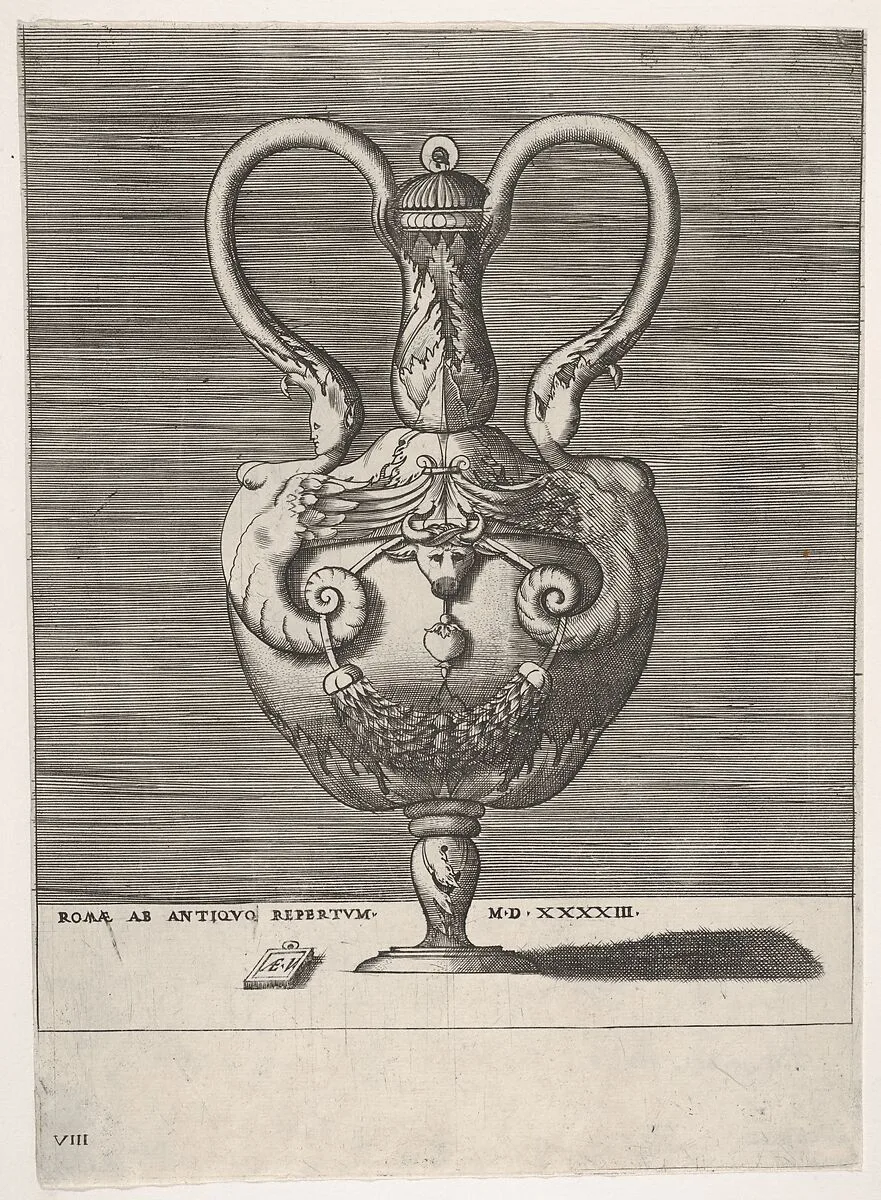 Antique Lidded Vase with Two Handles emerging from the Heads of Hybrid Female Sphinxes, from Vases after the Antique — Enea Vico