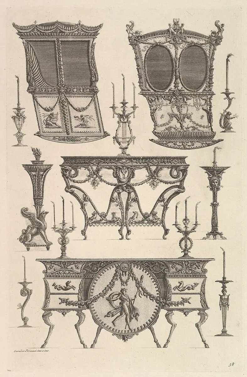 Miscellaneous furniture including two sedan chairs, a side table and a commode (Deux ch. à porteurs v. de côté, console, flambeau.), from Diverse Maniere d'adornare i cammini ed ogni altra parte degli edifizi...(Different Ways of ornamenting chimneypieces and all other parts of houses) — Giovanni Battista Piranesi