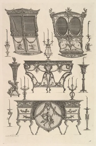 Miscellaneous furniture including two sedan chairs, a side table and a commode (Deux ch. à porteurs v. de côté, console, flambeau.), from Diverse Maniere d'adornare i cammini ed ogni altra parte degli edifizi...(Different Ways of ornamenting chimneypieces and all other parts of houses)