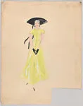 Drawing for a woman's theatrical costume with a green dress and black accessories — Vincente Minnelli